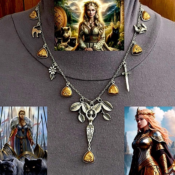 Hand Crafted Jewelry - Freya Norse Mythology Goddess Handmade Viking Necklace, Sword, Gold Druzy Drops
